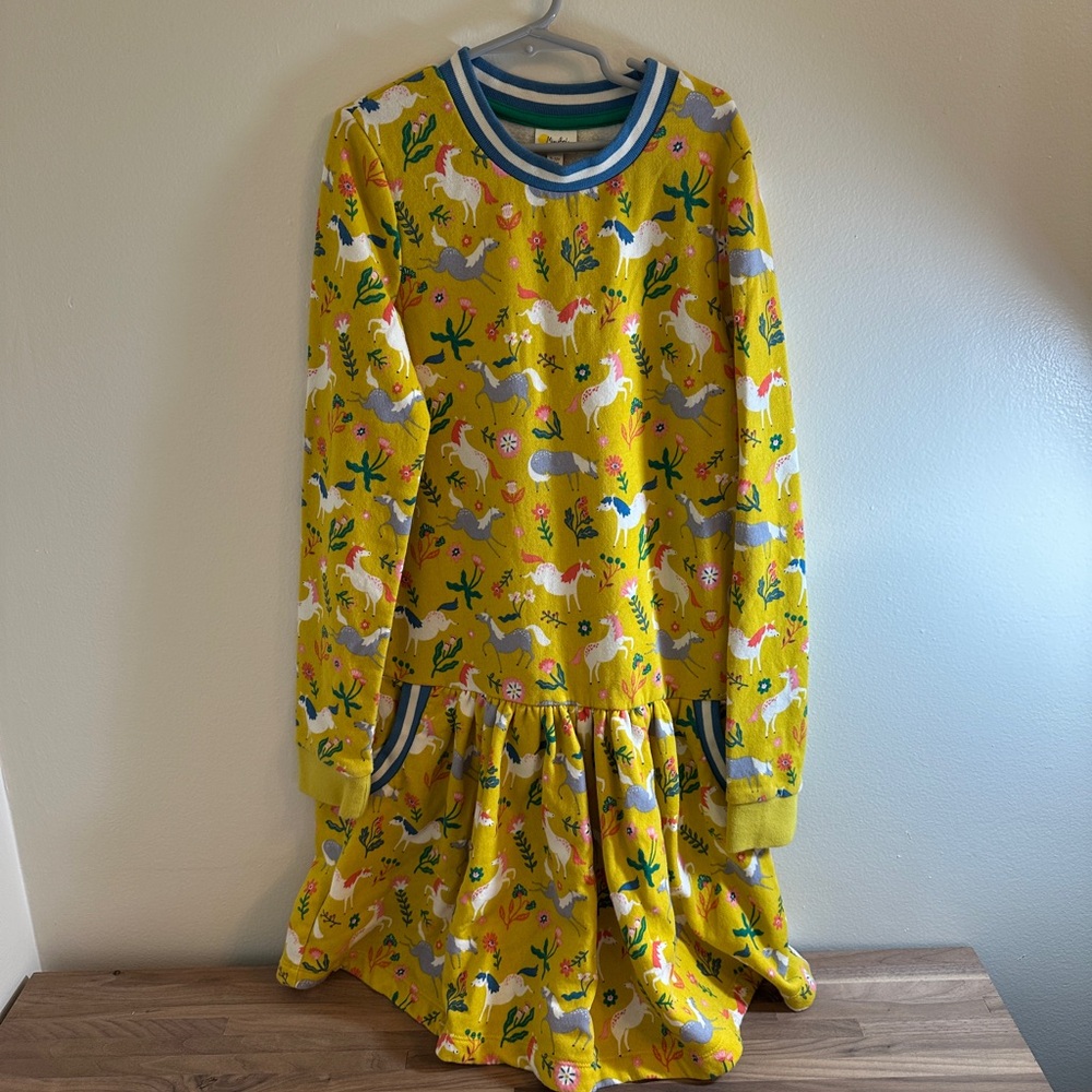 Mini Boden Girls Yellow Pony Sweatshirt Dress - Size 11-12Y